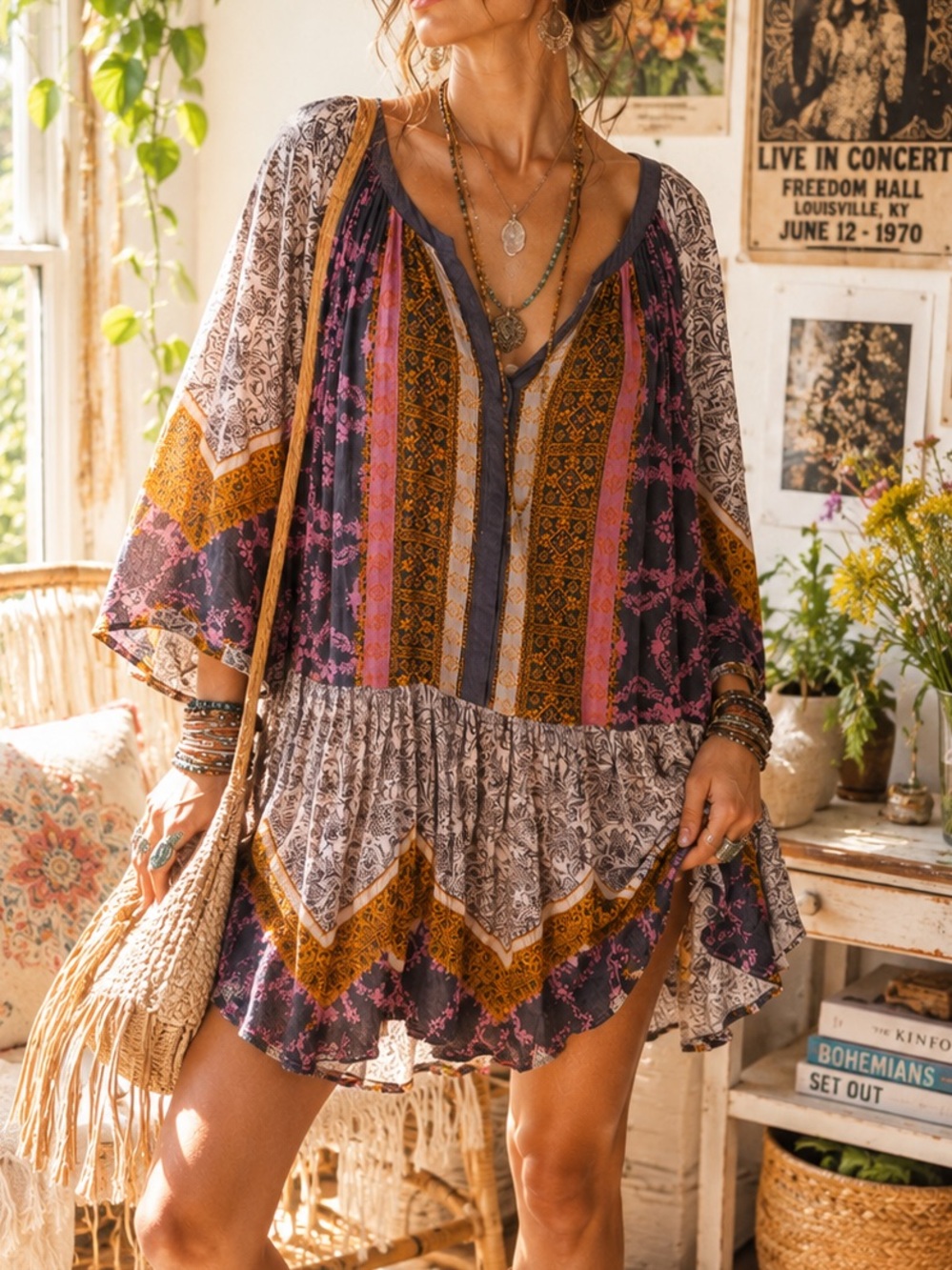 Boho Patchwork Peasant Mini Dress in Purple & Mustard